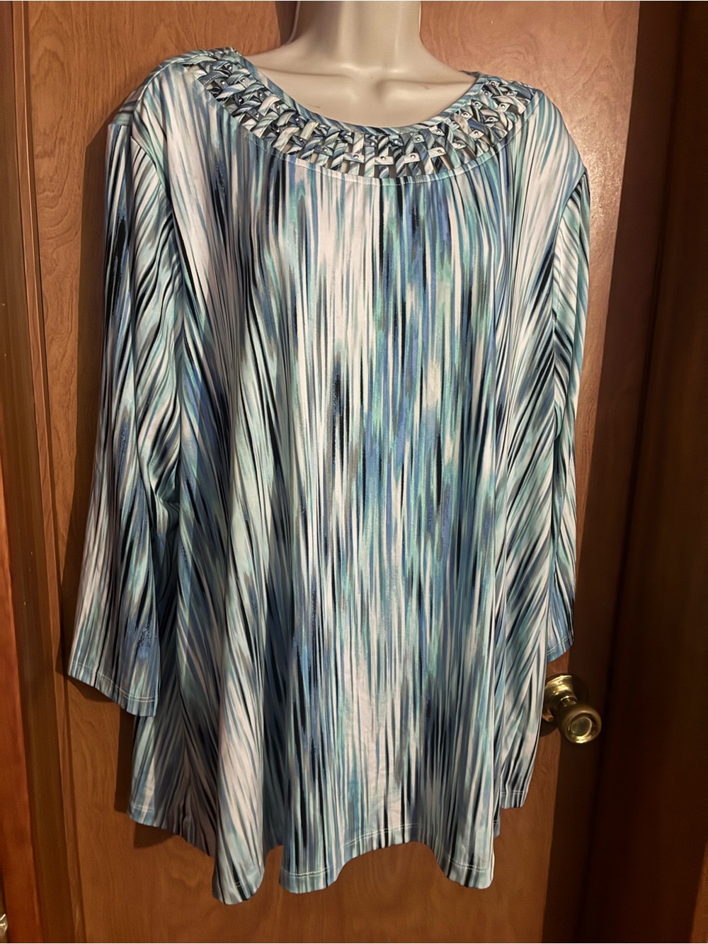 Women’s Blue Multi-Stripe Scoop Neck Top with Braided Trim